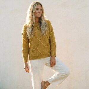 Anthropologie Wool Mustard Golden Pom Pom sweater Moth brand size Small